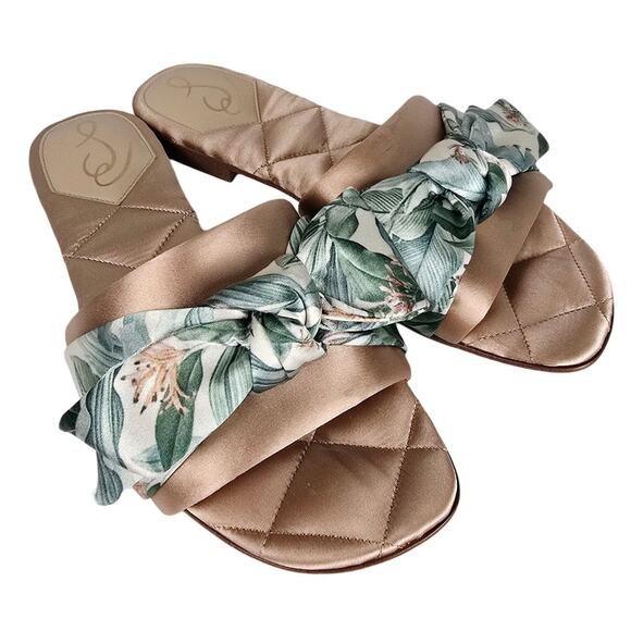 Sam Edelman Binx Sandals Sz 7 Blush Pink Satin Slides Tropical Palm Knot Detail - Picture 5 of 6